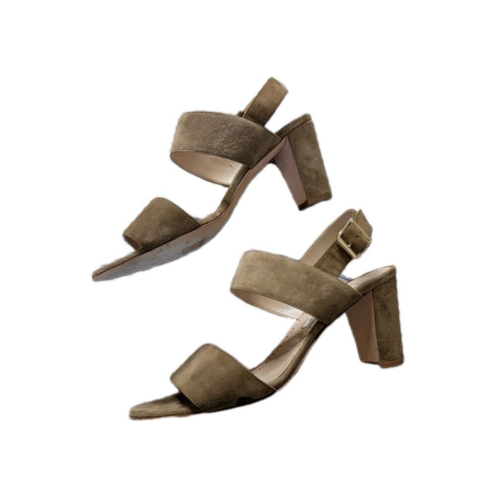 Manolo Blahnik Suede Tan Taupe Brown Strappy Sandals Block Heel 38 EU